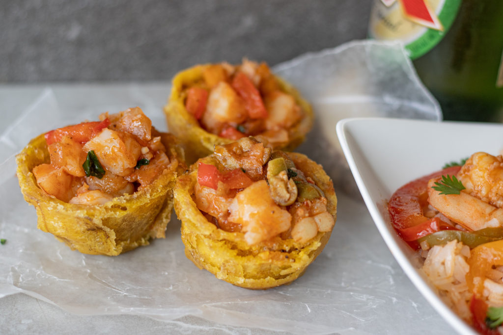 beer stewed shrimp chopped in plantain cups