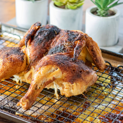 whole roasted chicken on a rack