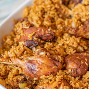 A platter of Locrio, a Dominican Chicken and Rice recipe