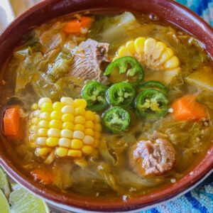 A bowl of Mexican beef soup or as called in spanish, Caldo de res. A super healthy and hearty soup perfect to warm you up on a cold day.