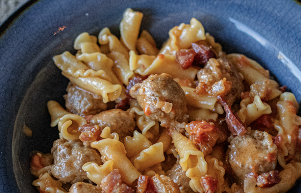 Pancetta Sausage Pasta single serving. You can see all ingredients up close and how saucy the dish is.