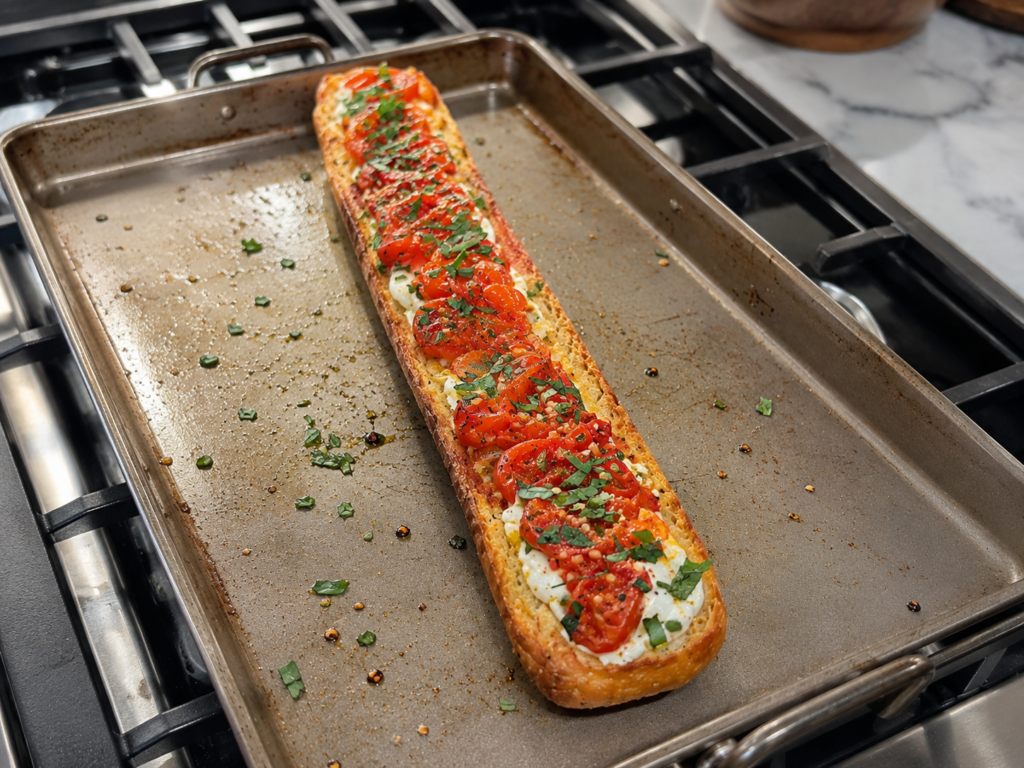 10 Minute Burrata Tomato Garlic Bread