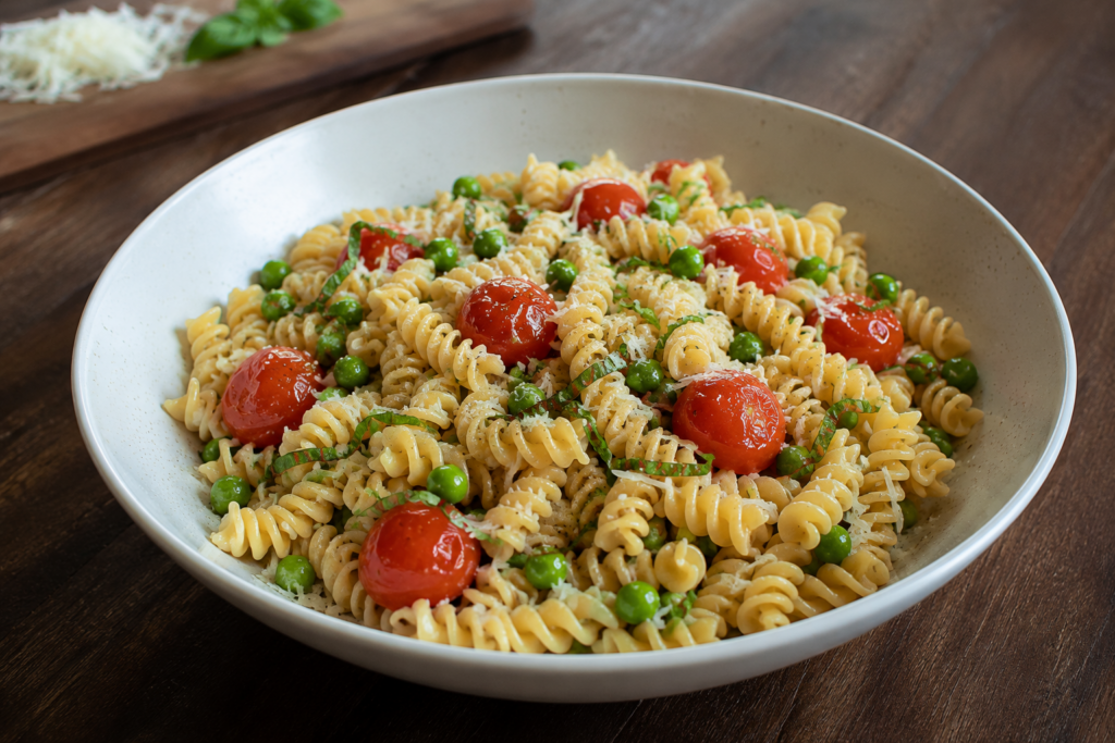 lemon pasta in a bowl with cherry tomatoes, peas and arugula