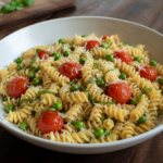 lemon pasta in a bowl with cherry tomatoes, peas and arugula