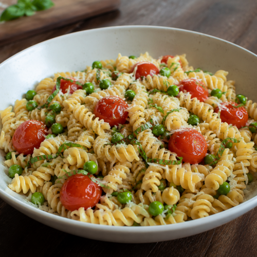 lemon pasta in a bowl with cherry tomatoes, peas and arugula