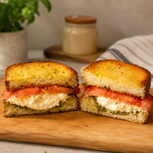 10 Minute Garlic Texas Toast Sandwich with Burrata Pesto and Basil. Its on a wood cutting board and cut in half. You can see the cheese oozing out of it and it's delicious!