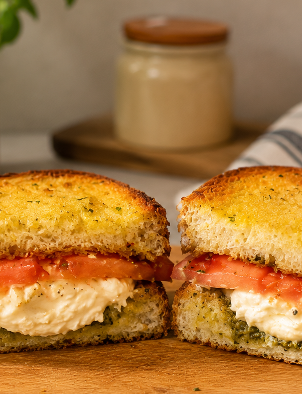 10 Minute Garlic Texas Toast Sandwich with Burrata, Pesto & Tomato