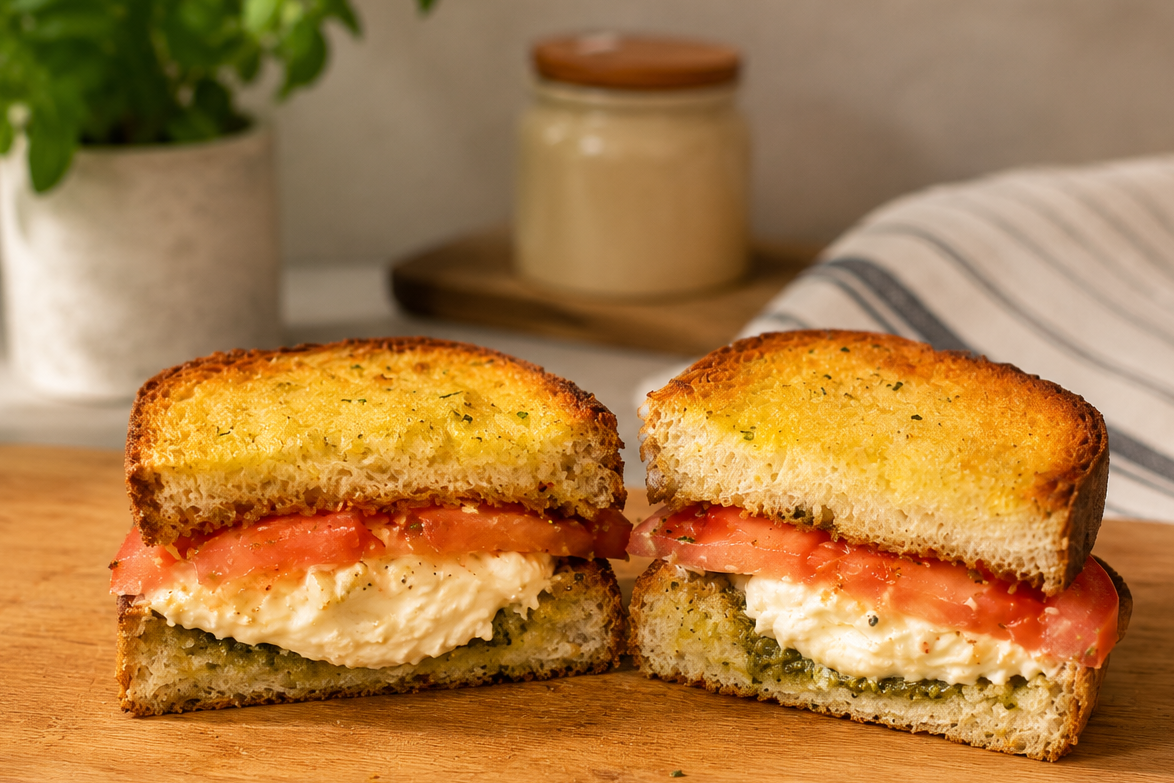 10 Minute Garlic Texas Toast Sandwich with Burrata Pesto and Basil. Its on a wood cutting board and cut in half. You can see the cheese oozing out of it and it's delicious!